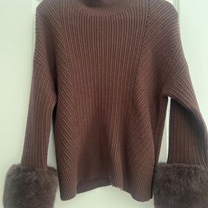 Brown Ribbed Sweater with Faux Fur Cuffs